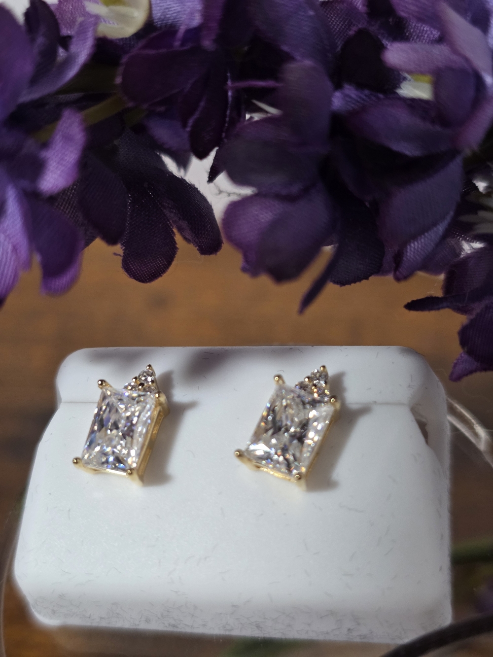 14kt Gold Over Sterling Silver Rectangular Stud Earrings, With Moissanite Diamon